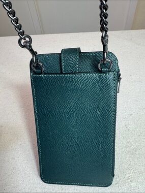 Coach Teal Pebbled Leather Crossbody Phone Pouch with Chain Strap